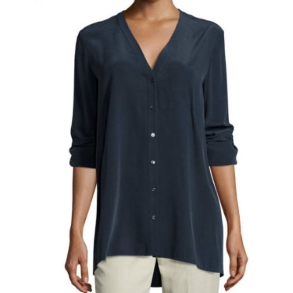 Vince V- Neck Button Down Silk Navy Blue Blouse
